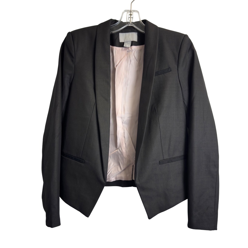 H&M Women Black Open Front Cropped Blazer Jacket Shawl Collar Size 4 Pockets
